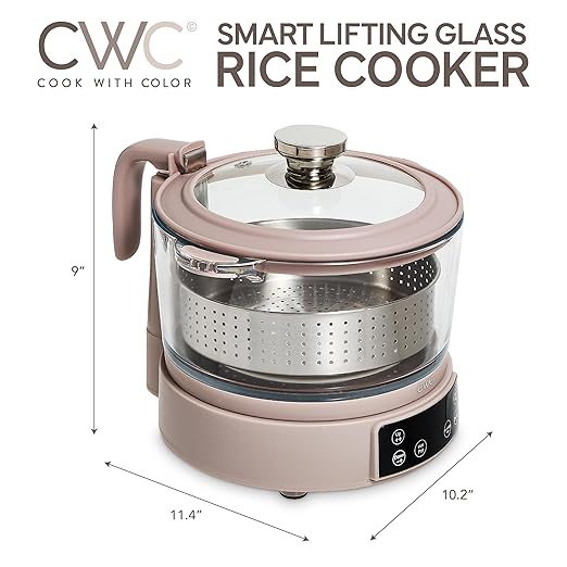 COOK WITH COLOR 3L Glass Low Carb Rice Cooker - Makes 6 Cups Cooked Low Sugar Rice with Auto Lift Filter Basket, Hotpot & Steamer for Rice, Grains and Oats, Digital Panel with Keep Warm, Greige
