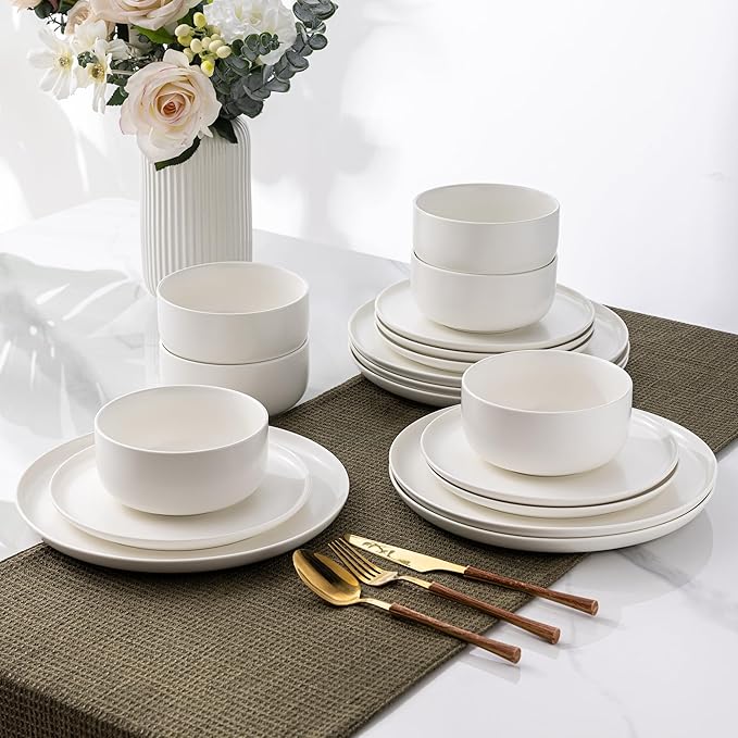 LERATIO Stoneware Dinnerware Sets for 6,Handcarft Ceramic Plates and Bowls Sets,Chip and Scratch Resistant Dishes, Dishwasher & Microwave Safe, Oven safe,Reactive Glaze-White