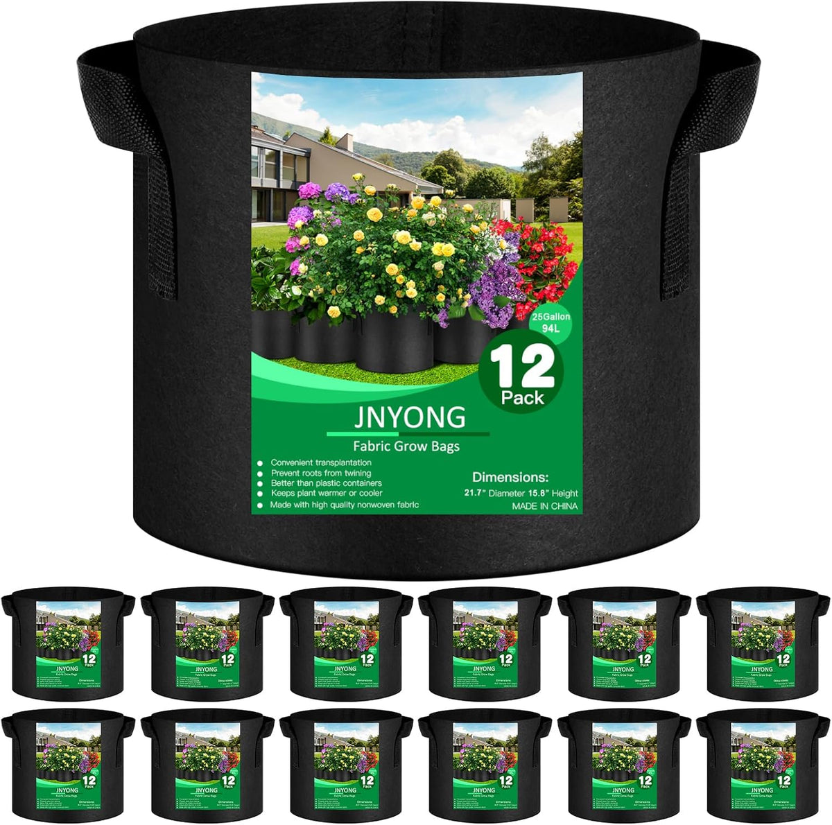 NYONG 12-Pack 25 Gallon Thickened Non-Woven Grow Bags, Aeration Fabric Pots with Handles（Black）