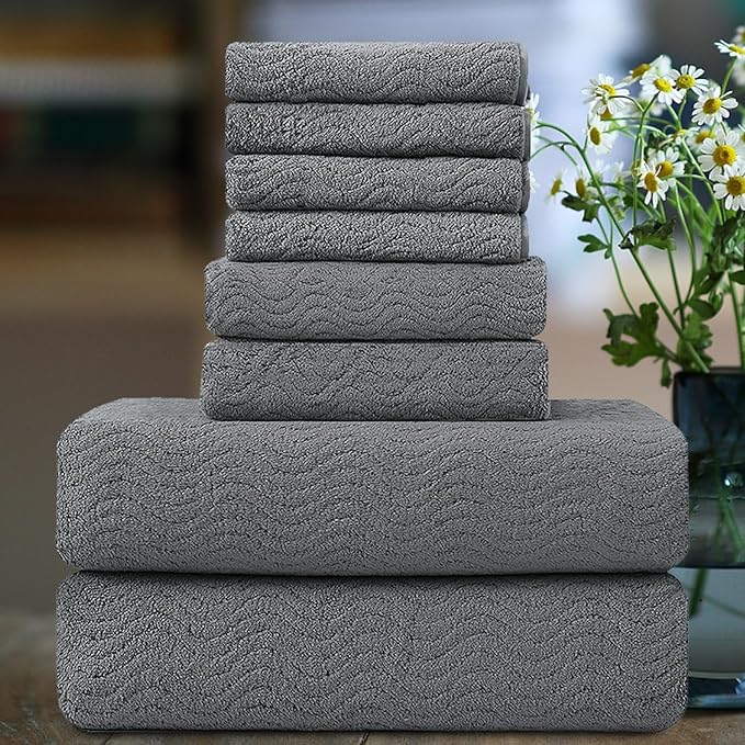 Ultra Soft 8 Piece Textured Bath Towel Set for Bathroom Shower Pool, Kitchen, Quick Dry, Lightweight Highly Absorbent - 2 Oversized Bath Towel Sheets, 2 Hand Towels, 4 Washcloths - Dark Gray