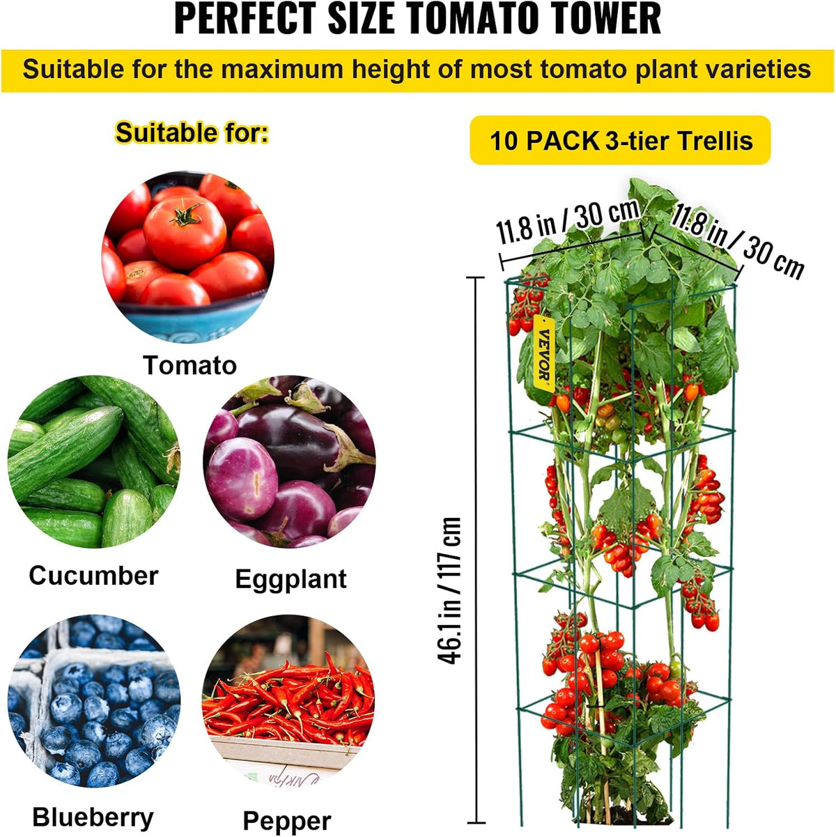 VEVOR Tomato Cages, 11.8" x 11.8" x 46.1", 10 Packs Square Plant Support Cages, Green PVC-Coated Steel Tomato Towers for Climbing Vegetables, Plants, Flowers, Fruits