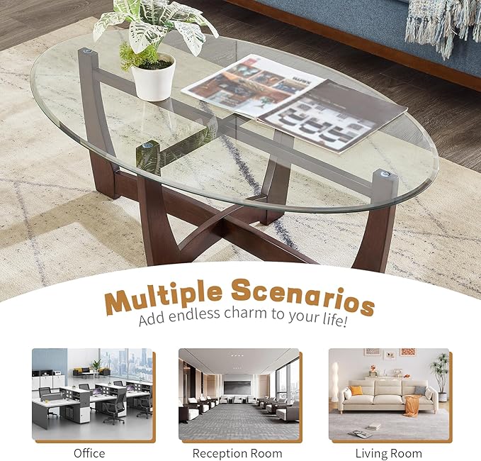 48" Oval Glass Coffee Table with Tempered Glass Top Cross and Solid Wood Base Simple & Modern Center Table for Living Room Office Apartment Cherry