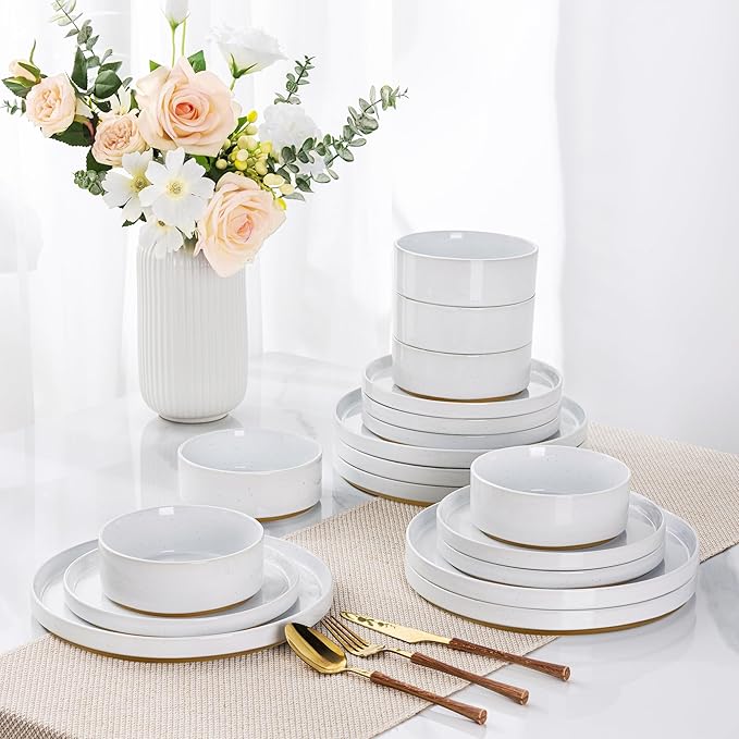 AmorArc Ceramic Dinnerware Set for 6 | Speckled Stoneware Plates and Bowls with Rustic Terracotta Underside| Scratch Resistant,Dishwasher & Microwave Safe Dishes Sets- 18pcs White