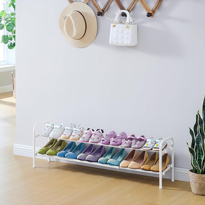 Shoe Rack 2 Tier,41.53'' Adjustable Metal Shoe Organizer for Closet, Bedroom, Entryway,Holds Up to 12 Pairs Shoes,Expandable,White