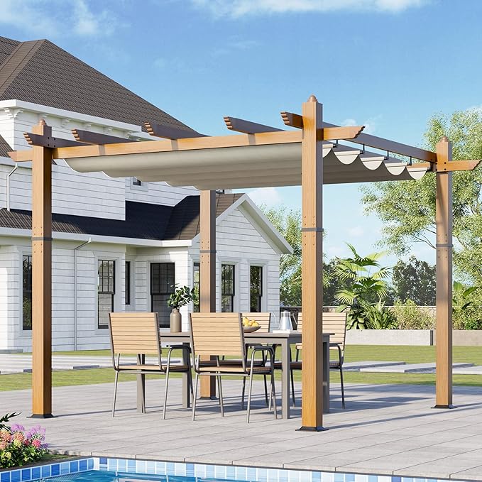 10x10 Ft Outdoor Retractable Pergola with Adjustable Roof Modern Metal Patio Gazebo, Upgraded Faux Wood Grain Aluminum Pergola for Deck, Backyard Gardens, Porches, Grapevines, Beige