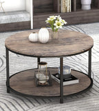 Round Coffee Table, Rustic Wooden Surface Top & Sturdy Metal Legs Industrial Sofa Table for Living Room Modern Design Home Furniture with Storage Open Shelf (Walnut, 27.6 in)