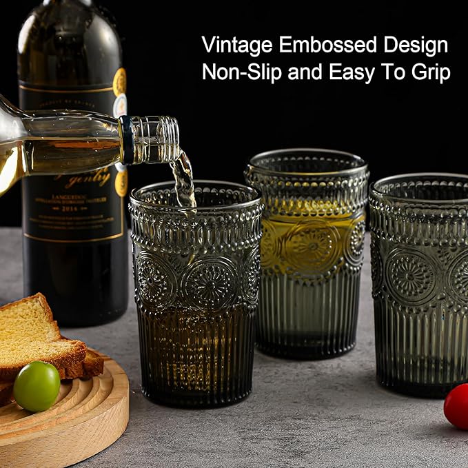Vintage Glassware Drinking Glasses Set of 6,13 oz Grey Textured Flower Design Glass Water Tumblers，Embossed Striped Drinkware for Water,Cocktails,Juice,Iced Coffee