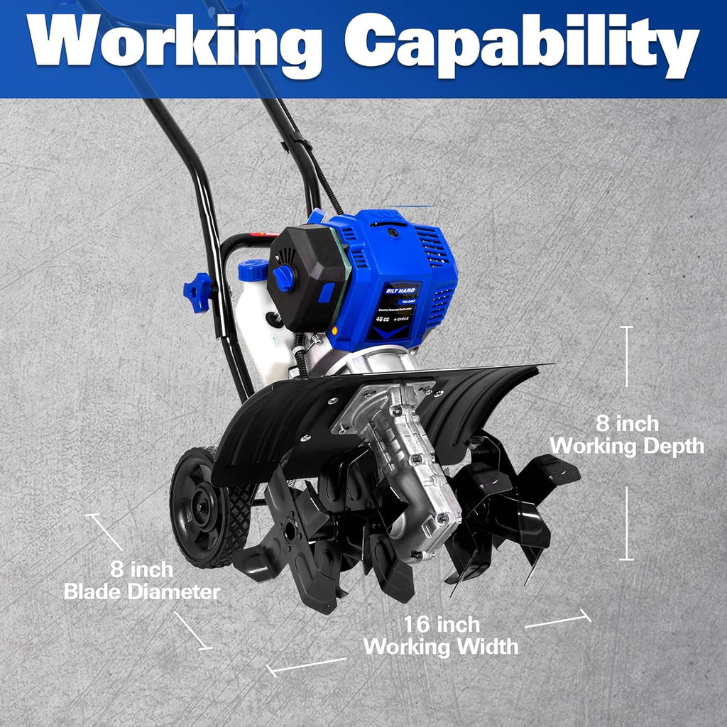 BILT HARD 46cc 4-Cycle 1.9HP Gas Powered Tiller Cultivator - 16" Heavy-Duty Steel Tines Rototiller, Adjustable Wheels & Cushioned Handle Grips for Plowing, Tilling, Weeding in Garden, Farm
