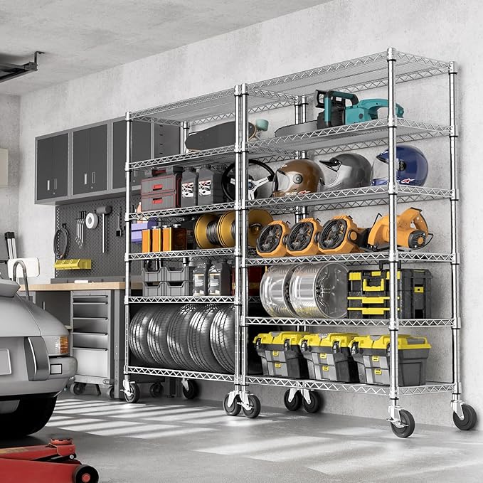 Steel Storage Shelving 6-Tier Utility Shelving Unit with Wheels, Steel Organizer Wire Rack for Home,Kitchen,Office,Garage,17.7" D x 47.2" W x 76.7" H