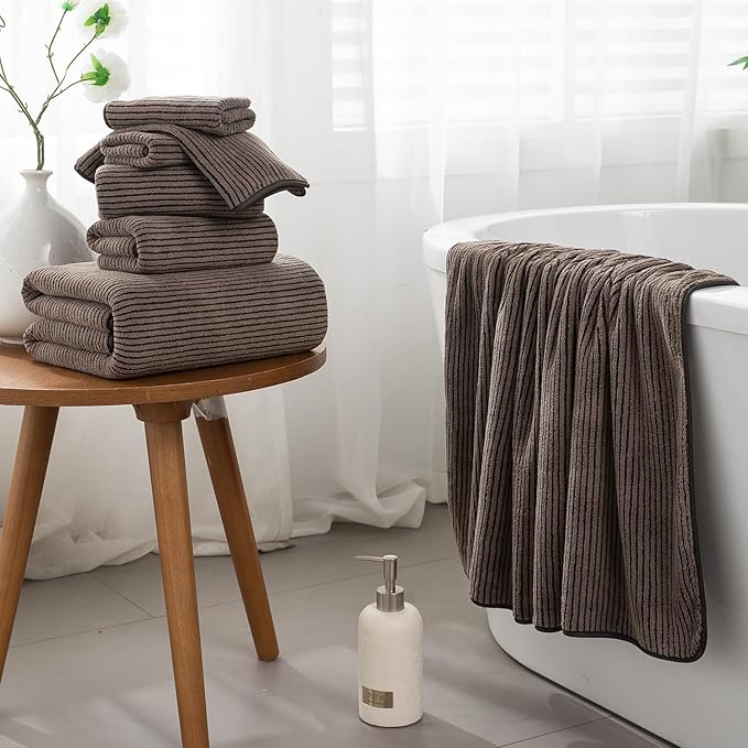 8-Piece Premium Towel Set for Bathroom|2 Oversized Large Bath Sheet,2 Hand Towels,4 Washcloths|Soft Cozy Highly Absorbent Fast Dry Microfiber Shower Towel Set for Hotel Bathroom Essentials,Dark Brown