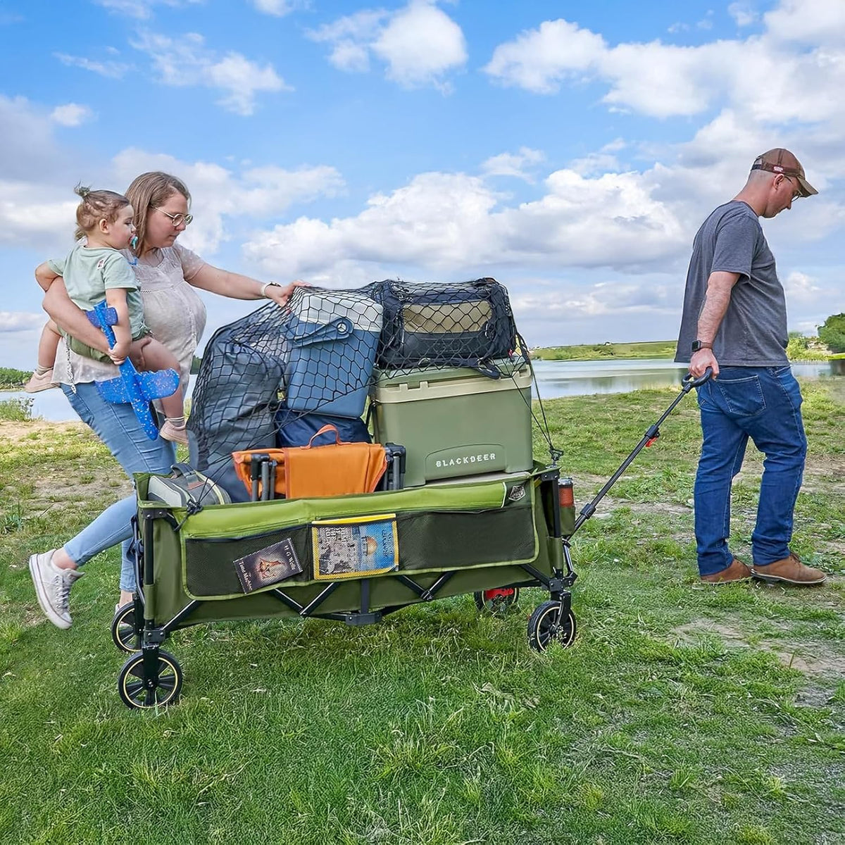 Timber Ridge 51.2'' Extended Collapsible Wagon Cart with Brakes and Cargo Net, Heavy Duty Foldable Utility Wagon with Adjustable Handle, 400L Capacity Portable Cart for Camping Sports Shopping