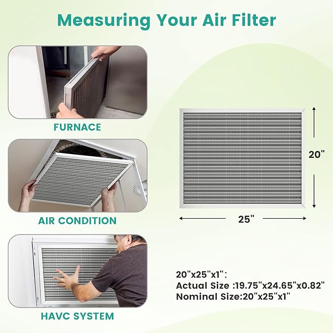 20x25x1 Electrostatic Air Filter Washable Reusable, HVAC AC Furnace Filter, MERV 8, Lasts a Lifetime, Air Conditioner Filter Replacement for Home Office (Actual Size:19.75x24.65x0.82 Inch)