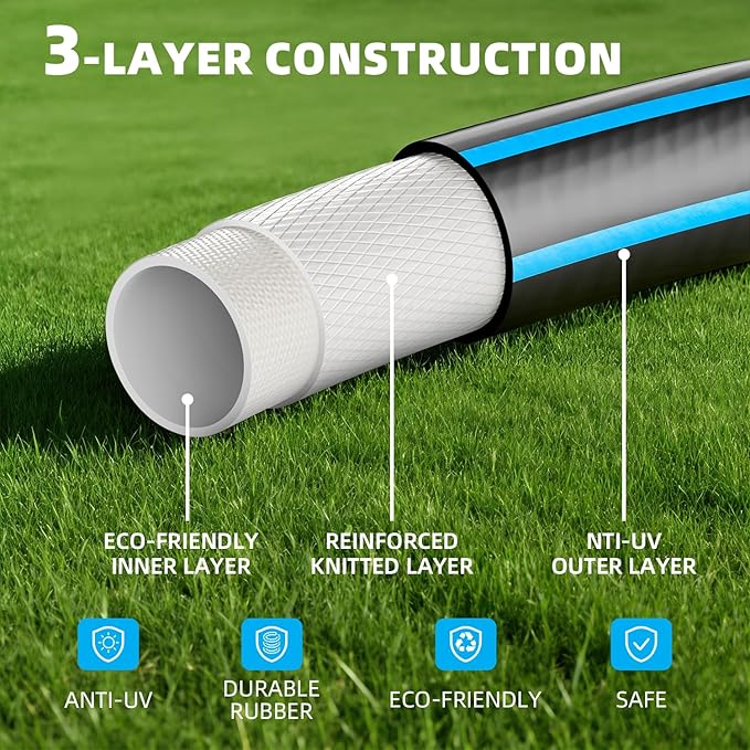 25FT Garden Hose with 10 Function Sprayer: Water Hose Lightweight Durable All-Weather - Flexible Kink-Free Hose 5/8" - Pressure Washer Hose for Garden, Car Washing, and Outdoor Cleaning