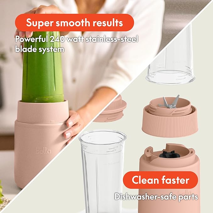 bella 6 Pcs Portable Rocket Blender, Juicer & Smoothie Maker, Press & Twist Design, EverGood™ & BPA Free Dishwasher Safe Parts, 4 Tip Stainless Steel Blade, Cord Wrap, 240 Watt Motor, Blossom