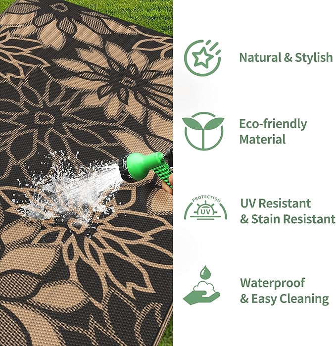 GENIMO Outdoor Rug Waterproof for Patio Decor, 8' x 10' Reversible Plastic Straw Floral Camping Carpet, Large Area Rugs Mats for RV, Camper, Deck, Balcony, Porch, Beach, Picnic, Black & Brown