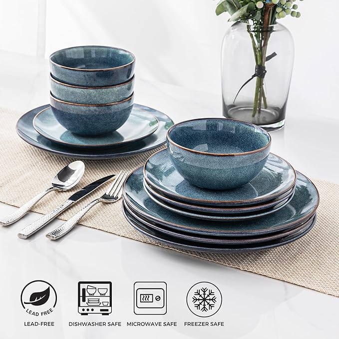 AmorArc Ceramic Dinnerware Sets for 8, 24 Pieces Handpainted Plates and Bowls Set, Scratch Resistant Stoneware Dishes Set, Dishwasher & Microwave Safe, Ceylon Blue