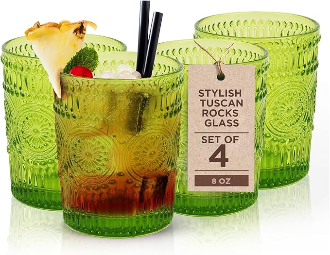 IMPULSE! Tuscan Rocks Glass Set - Olive, Dishwasher Safe, Chic Vintage Style - 8 oz - Ideal for Gin, Mixed Cocktails, Bourbon, Margaritas, Soft Drinks, Beer, Water - Mexican Style Glasses - Set of 4