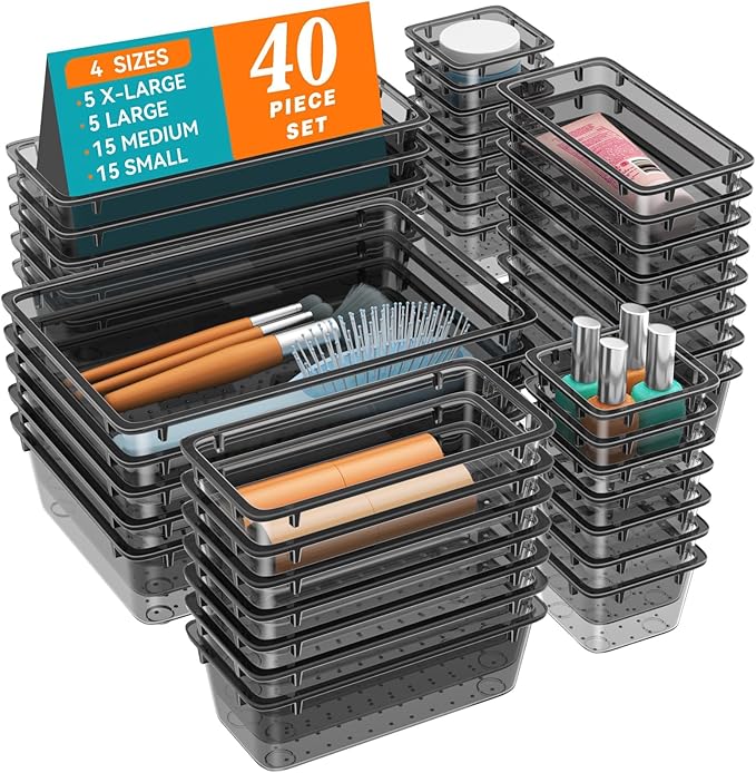 WOWBOX 40 PCS Clear Plastic Drawer Organizer Set, 4 Sizes Desk Drawer Organization and Storage Containers for Makeup, Cosmetics, Jewelry and Gadgets in Kitchen, Bathroom, Bedroom, Office, Clear Black