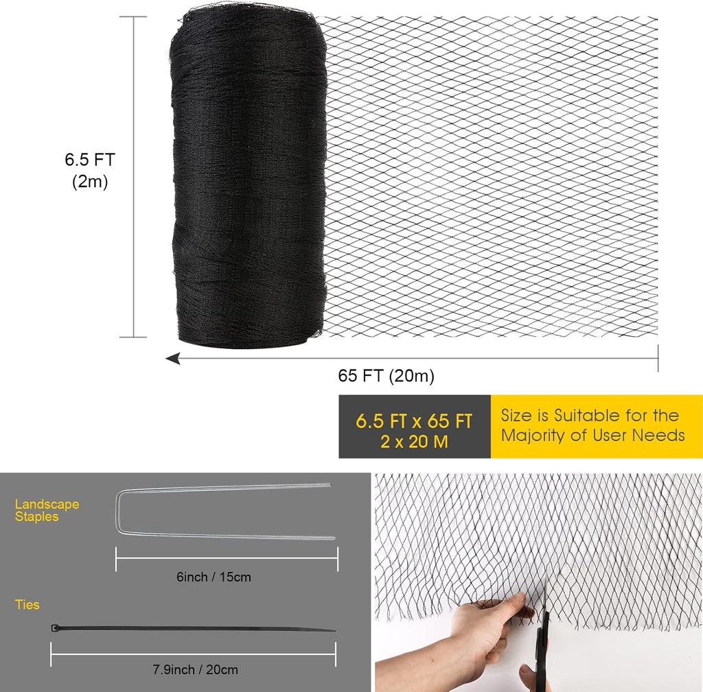 Bird Netting for Garden - 7.5 x 65 FT Heavy Duty Anti Bird Netting Mesh with Ties and Landscape Staples for Vegetable, Fruit Trees & Other Plants, Lasting Against Birds Deer Squirrels and Poultry
