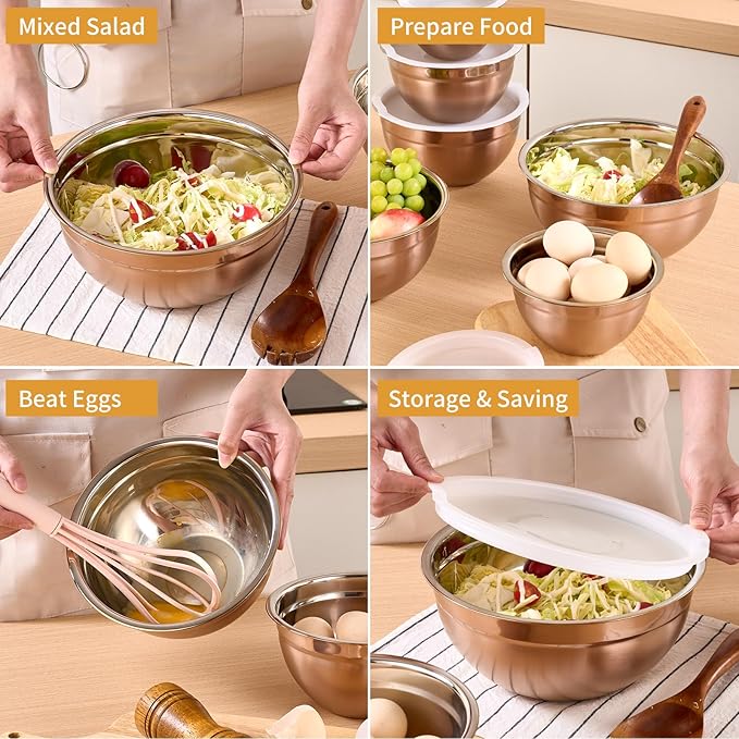 Rose Gold Mixing Bowls With Airtight Lids,Stainless Steel Bowl,Salad Bowls 7 Piece Colorful Nesting Bowl Rose Gold Kitchen Accessories,Size 7,3.6,2.7,2.1,1.5,1.1,0.8QT Stackable Design