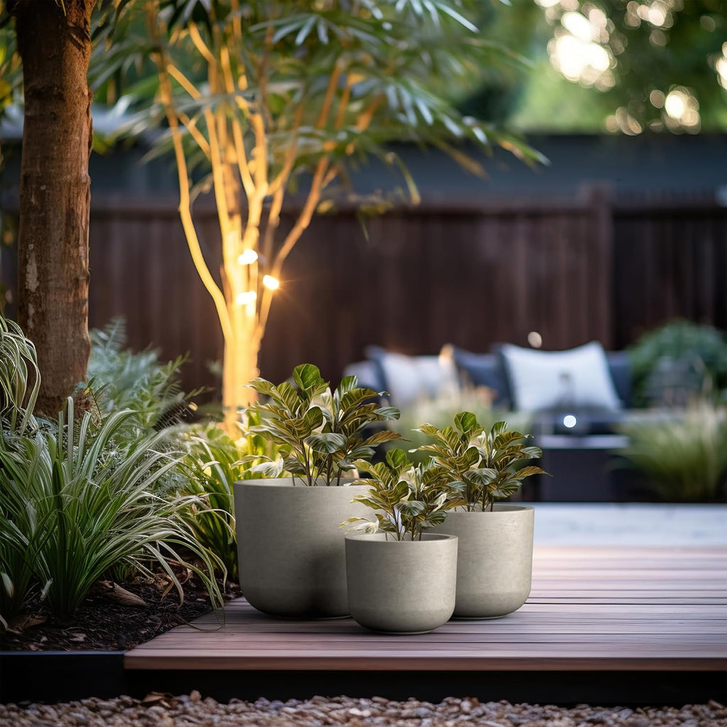 Kante 13",11",9" Dia Weathered Concrete Round Planters (Set of 3), Outdoor Indoor Modern Planter Pots, Lightweight, Weather Resistant, Seamless with Drainage Hole