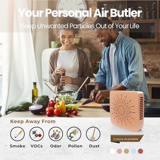 4-in-1 Portable Air Purifier HEPA Filter, Aroma, Ionizer & Mini Fan – USB-C Desktop Air Cleaner for Smoke, Pollen, Dander, Odors – 5 Colors for Bedroom, Office, Baby, Pets, Travel (Warm Beige)