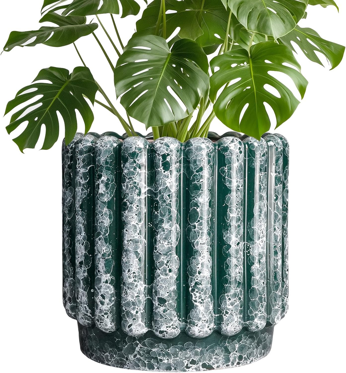 Ceramic Pots for Plants - 9.6 Inch Plant Pot Indoor with Drainage Hole, Large Ceramic Planters for Outdoor, Fluted Round Flower Planter, Home Decor Living Room, Birthday Gifts, Green