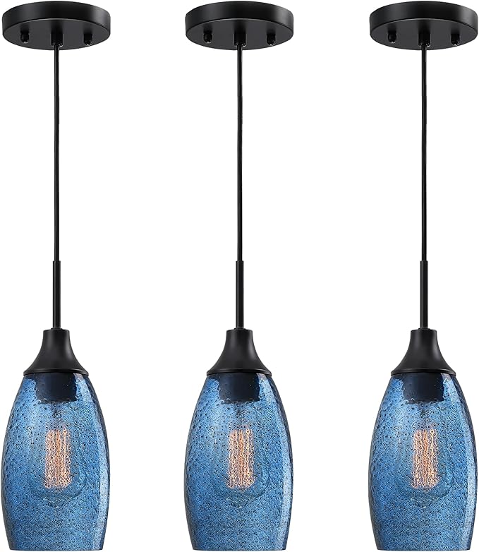 Mini Glass Pendant Light,4.72" Dark Blue Glass Hanging Light 3-Pack Handblown Clear Blue Seeded Shade Adjustable Cord Ceiling Light Fixture for Kitchen Island Sink
