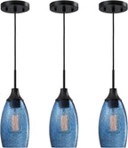 Mini Glass Pendant Light,4.72" Dark Blue Glass Hanging Light 3-Pack Handblown Clear Blue Seeded Shade Adjustable Cord Ceiling Light Fixture for Kitchen Island Sink