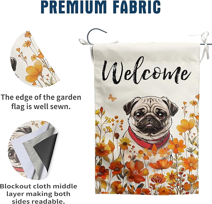 Floral Pug Garden Flag Fall Yard Flag Wildflower Dog Garden Flags Orange Autumn Lawn Flags Welcome Thanksgiving Outdoor Flags for Outside 12x18 Double Sided Small