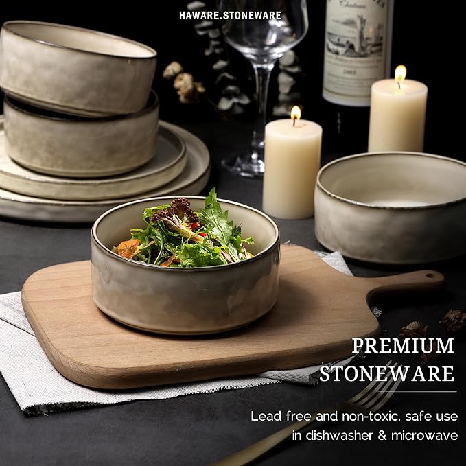HaWare Dinnerware Sets, 16-Piece Stoneware Plates and Bowls Set, Dish Set for 4, Elegant Ceramic Dishware for Home Restaurant, Chip and Scratch Resistant, Microwave and Dishwasher Safe, Saturn Khaki