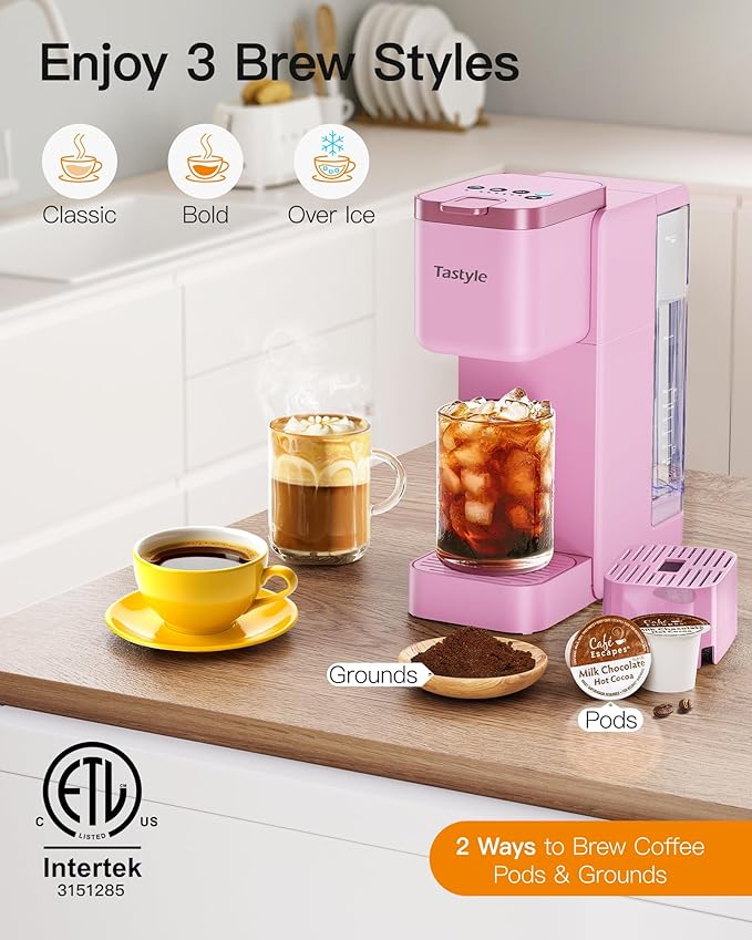Single Serve Hot & Iced Coffee Maker with Strong Brew, 40oz Removable Reservoir, 6 Brew Sizes, Compatible with K Cup and Grounds, Compact for Home, Office, RV and Dorm, Pink (2.0 Version)