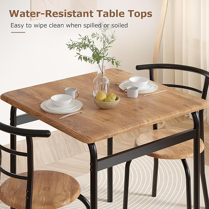 VECELO 3 Piece Dining Table & Chairs Set for 2, Metal and Wooden Square Kitchen Dinette Set for Small Space, Breakfast Nook, Saving Space, Brown
