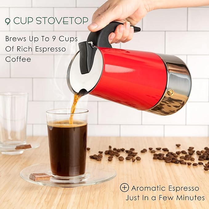 Mixpresso Red 9 Cup Greca Stovetop Espresso Pot 450ml/15oz, Moka Pot with Coffee Percolator Design, Stainless Steel Stove Top Coffee Maker for Camping or Home Use,Italian Stovetop Espresso Maker