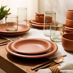 Bloomhouse Corsica Clay 12 Piece Stoneware Rustic Reactive Glaze Dinnerware Set - Stackable Plates and Bowls Set. Service for 4 - Matte Burnt Apricot Terracotta