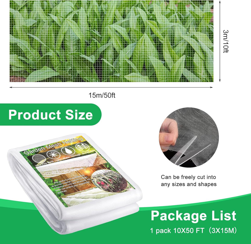 Garden Netting Pest Barrier, 10 X 50FT Insect Netting for Garden Raised Beds, Garden Bug Netting Plant Mesh for Blueberry Bushes, Figs, Plants, Vegetables Protection