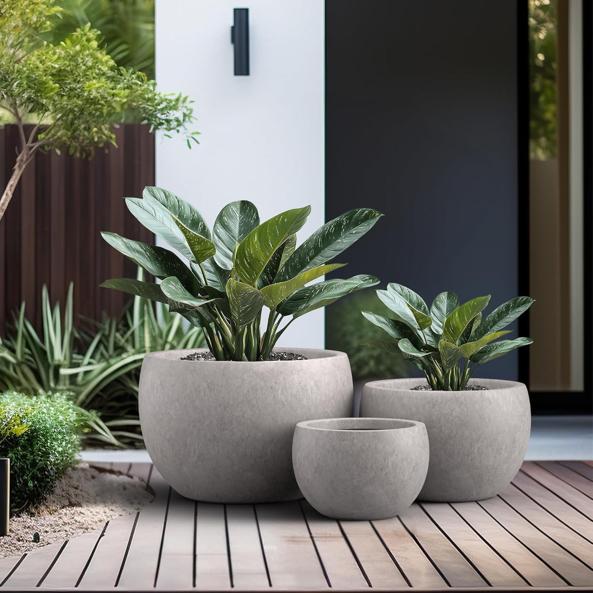 Kante 19.9",15.7",11.8" Dia Round Concrete Planter Set of 3, Outdoor/Indoor Large Bowl Plant Pots with Drainage Hole and Rubber Plug for Garden Patio Balcony Home, Light Gray