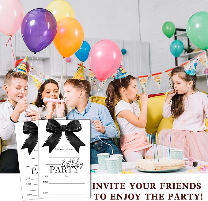 SIXEIGHT Black Bow Birthday Invitations, Black Ribbon Bow Birthday Party Invitations, 20 Party Invitations with Envelopes for Girls Boys, Birthday Party Favor & Decoration (4"x6")-A11