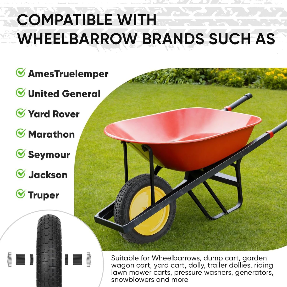 TICONN 4.80/4.00-8 Tire, 14.5" Flat Free Wheelbarrow Tire and Wheel, Solid Replacement Tires with 3" Centered Hub, 5/8" 3/4" Bearings, Universal Fit 4.80/4.00-8, 3.50/3.00-8, 4.00-6 (Yellow)