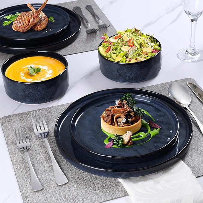 LIANYU 12 Piece Dinnerware Sets for 4, Stoneware Dish Dinner Set, Kitchen Dining Plates and Bowls, Ceramic Tableware Dishware, Microwave & Dishwasher Safe, Cetacean Blue