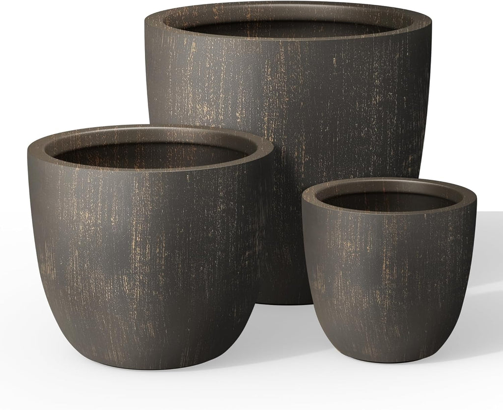 Kante 18",14",10" Dia Concrete Round Planters (Set of 3), Outdoor Indoor Large Planter Pots with Drainage Hole and Rubber Plug for Home Patio Garden, Oil Rubbed Bronze