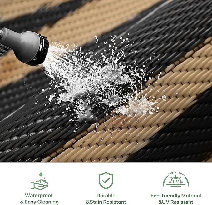 GENIMO Outdoor Rug Waterproof 10'x14' for Patio, Foldable Reversible Plastic Straw Carpet for Travel Trailers, Outside Area Mat for Rv, Deck, Picnic, Porch, Camper, Balcony, Beach, Black & Brown