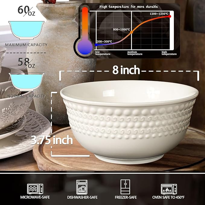 Large Salad Bowls Set of 4, 60oz White Serving Bowls Deep Deep Embossed Ceramic Mixing Bowl for Soup Kitchen, Eating, Ramen, Pasta, Dishwasher & Microwave Safe 8 inch (Auspicious Clouds)