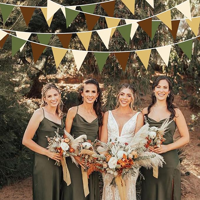 32Ft Woodland Party Decorations Olive Green Tan Brown Cream Neutral Triangle Flag Fabric Banner Pennant Bunting Garland Streamers for Birthday Wedding Baby Shower Jungle Safari Camping Party Decor