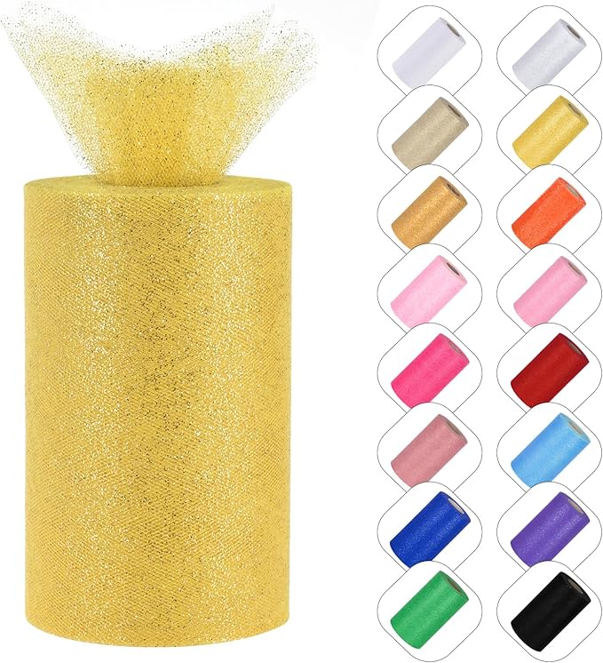 Glitter Tulle Rolls 6” by 50 Yards Sparkle Tulle Fabric Ribbon Sequin Tulle Netting Rolls for DIY Tutu Skirt Wedding Birthday Party Decoration (Yellow)