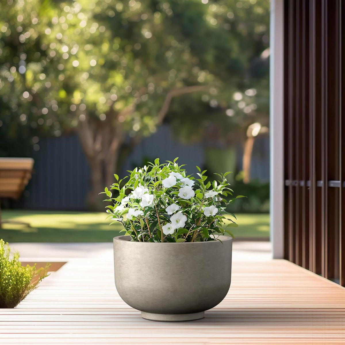 Kante 17.7 Inch Dia Concrete Bowl Planter, Large Tapered Bottom Plant Pot with Drainage, Smooth Weathered Concrete Finish with Warm Brown Interior, Ideal for Porch, Home, Garden, Patio
