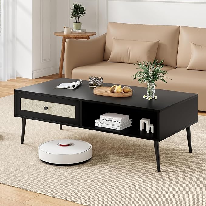 Farini Mid-Century Modern Coffee Table, 47 Inch Rectangle Console Table with Drawer & Shelf, Wooden Coffee Table for Living Room, Office, Black