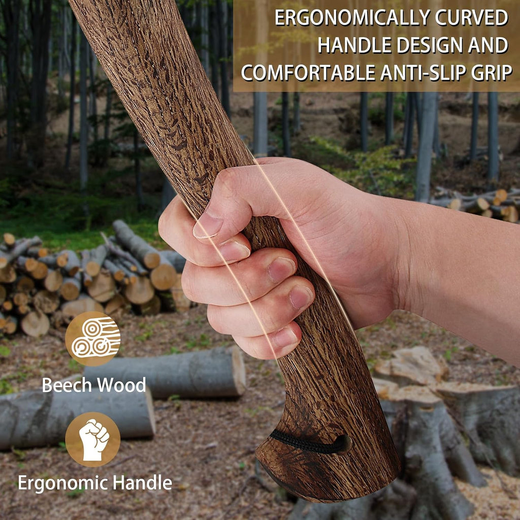 Hatchet Axe, 15.7" Camping Hatchet with Leather Sheath, Bushcraft Axe with 1065 Carbon Steel & Beech Handle, Survival Axe for Wood Splitting and Chopping - Perfect for Gardening and Outdoor