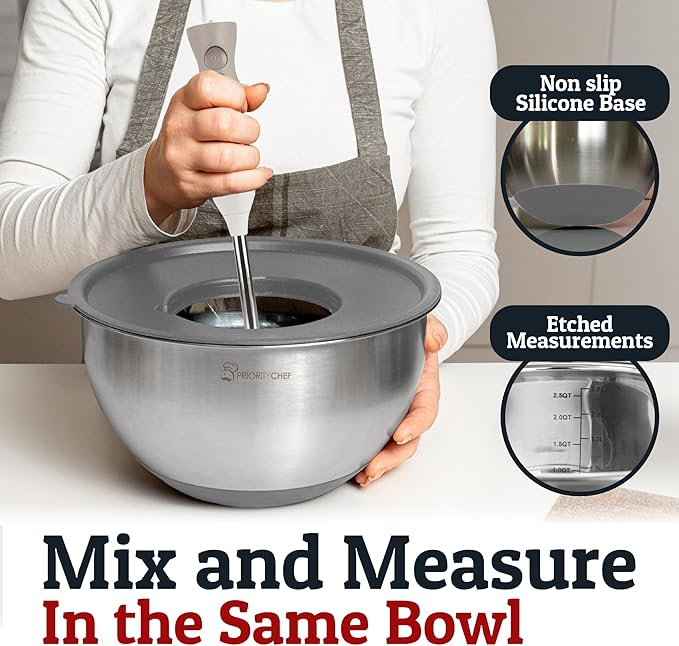 Priority Chef Stainless Steel Mixing Bowls with Lids Set, 3 Grater Attachments, Airtight Lids, Non-Slip Silicone Base Mixing Bowl Set, Large Prep Metal Mixing Bowls for Kitchen, Grey