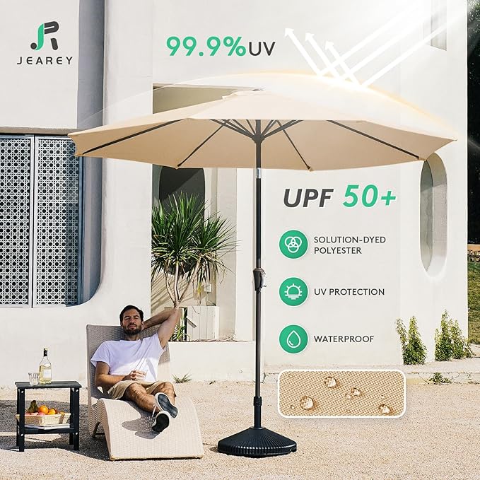 JEAREY 10FT Outdoor Patio Umbrella Outdoor Table Umbrella with Push Button Tilt and Crank, Market Umbrella 8 Sturdy Ribs UV Protection Waterproof for Pool, Garden (Beige)